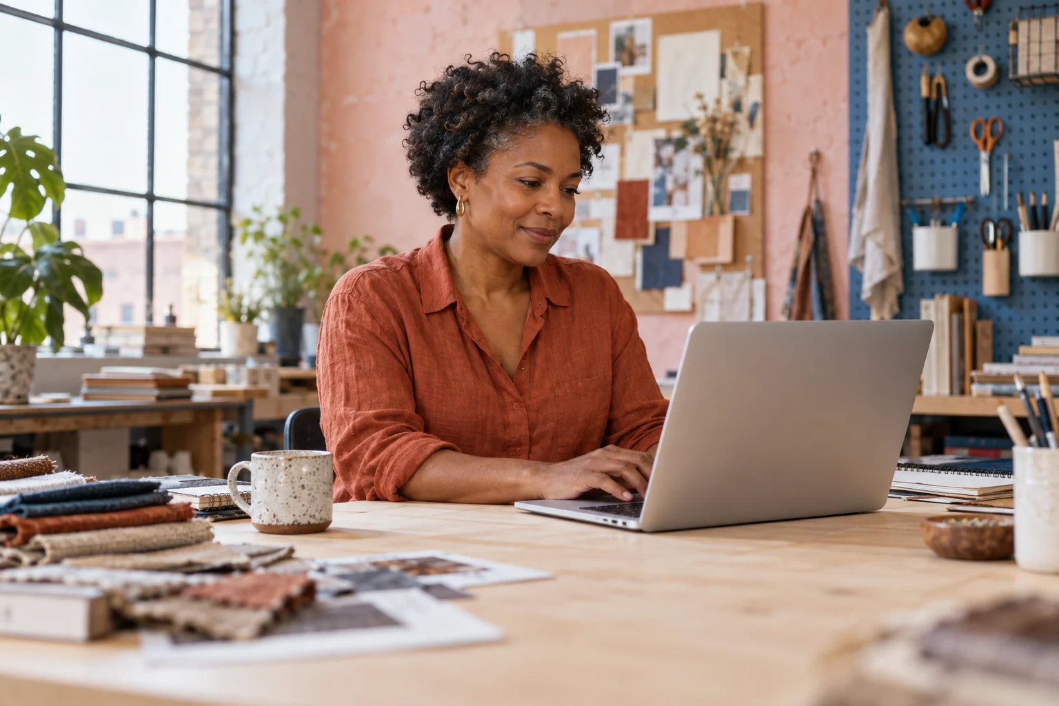 Illustrative scene of a small-business owner working in a colorful creative studio.