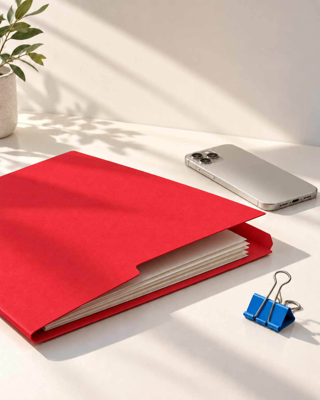 Illustrative still life of a red document folder, silver phone, and blue binder clip on a sunlit white desk.