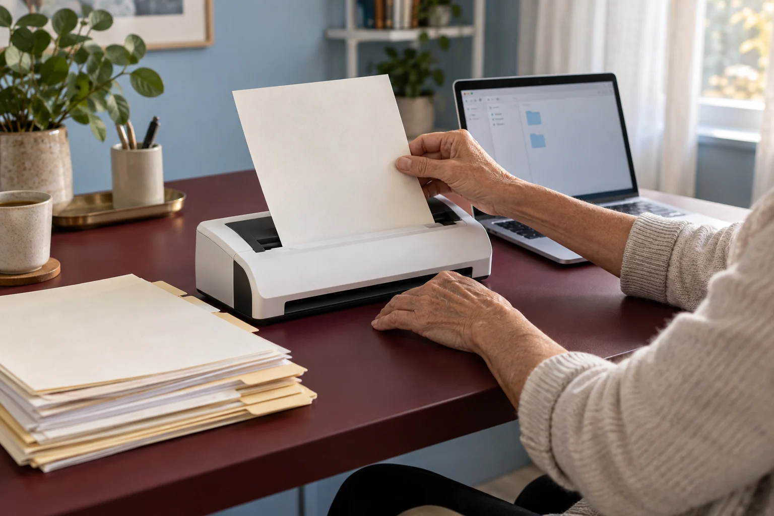 Illustrative scene of paper scanning and organized digital folders on a laptop.