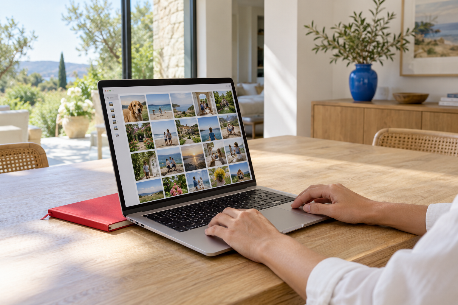 Illustrative editorial scene of digital photos being organized on a laptop at a bright oak table.