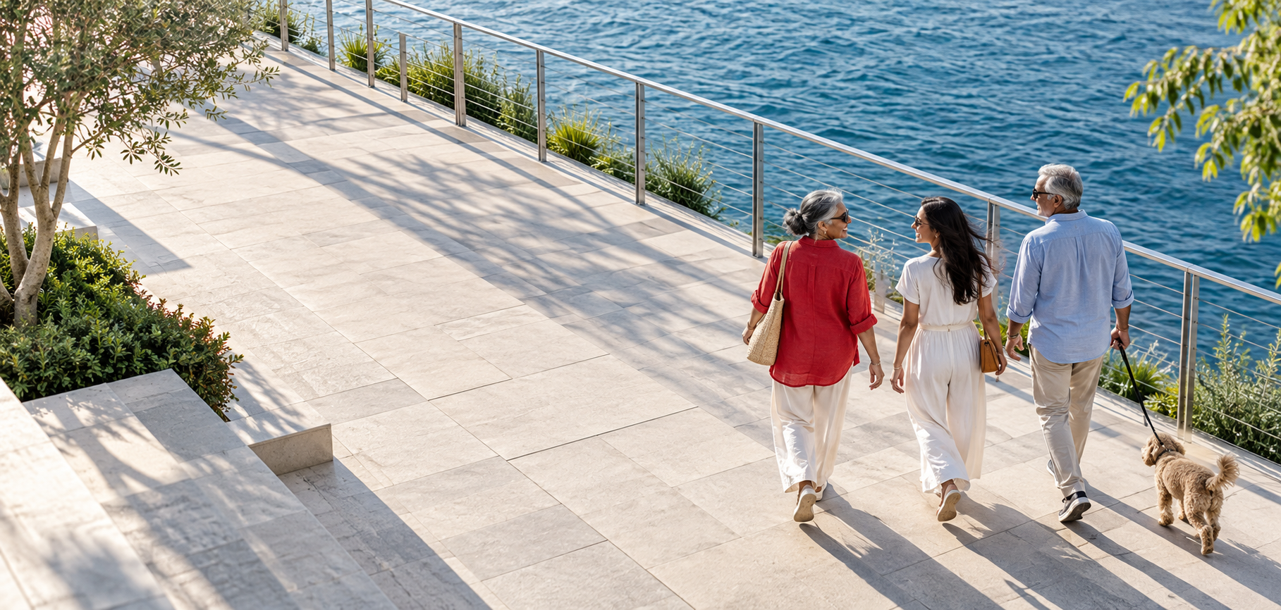 Illustrative editorial scene of a family walking their dog along a sunlit waterfront.